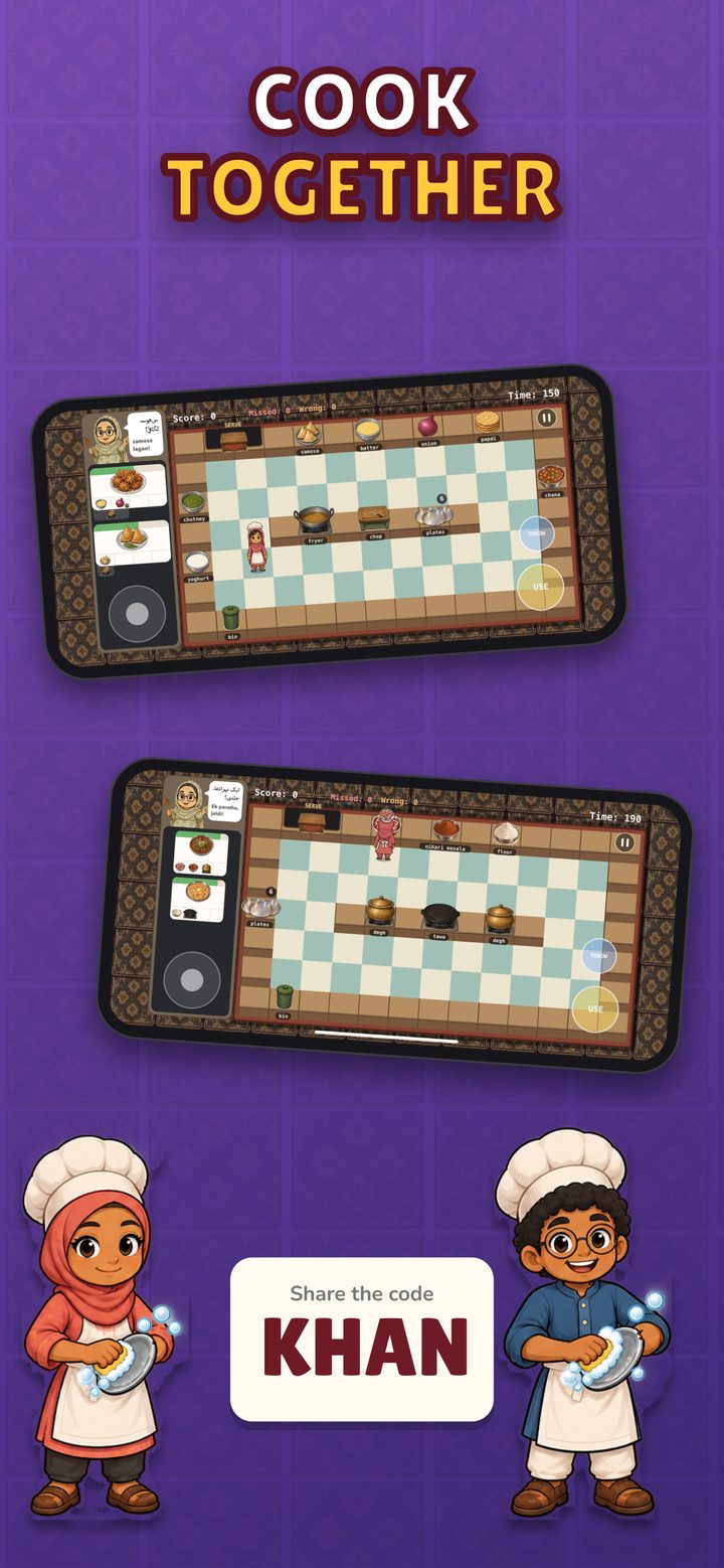Cook together: two phones playing online co-op with the share code KHAN.